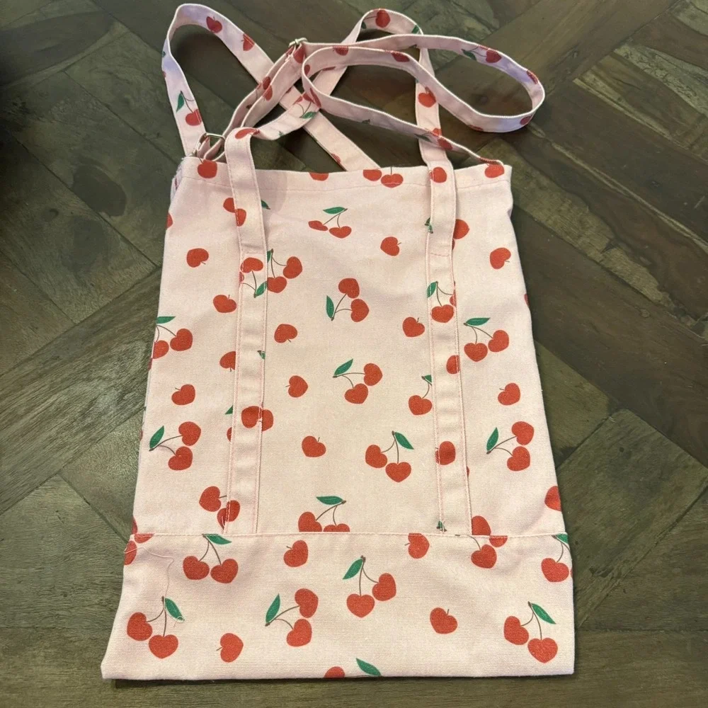 Pink & Cherry Print Canvas Tote Bag with Handles & Adjustable Strap Book Bag